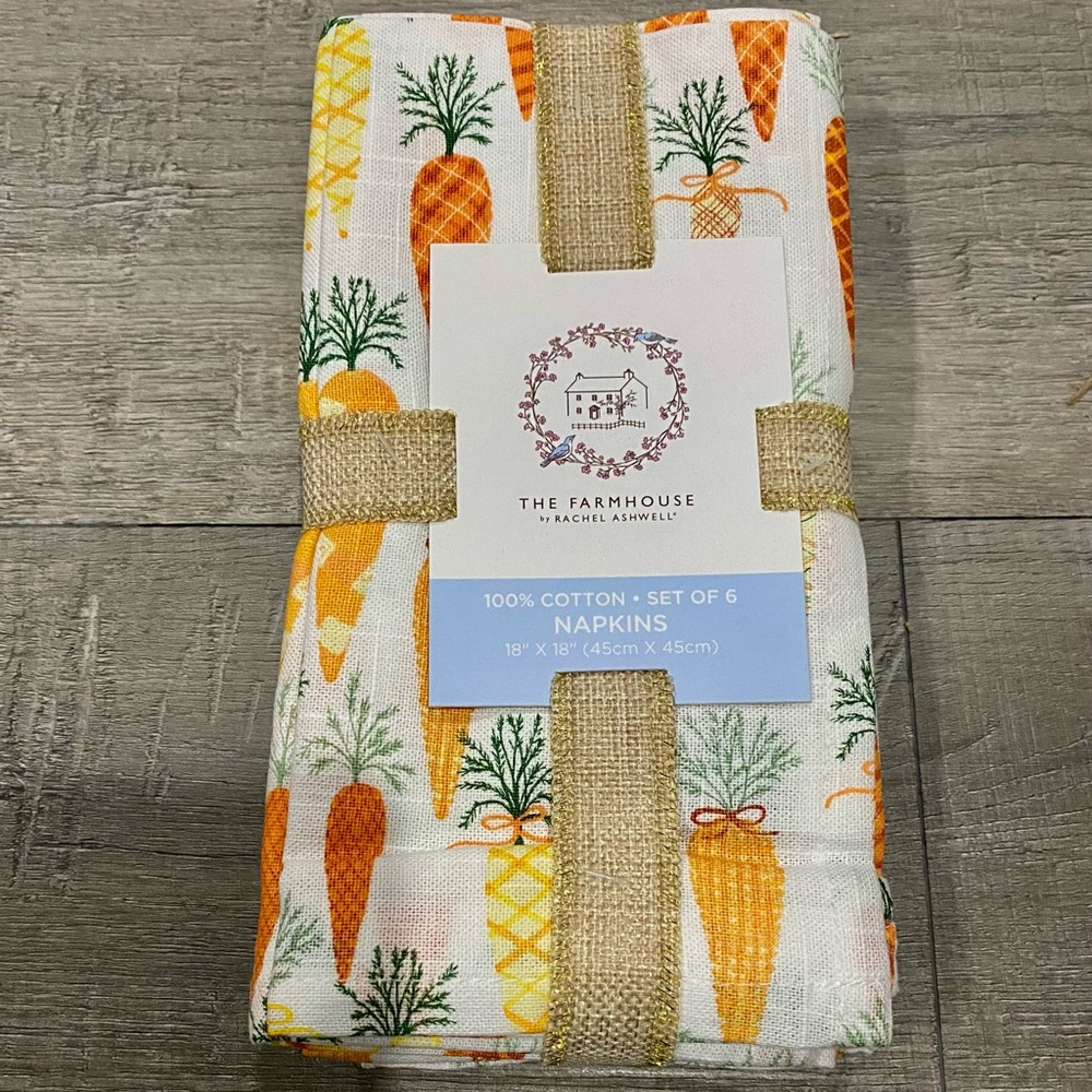 Rachel Ashwell Farmhouse Ivory Easter Carrots Cotton Dining Napkins Set of 6